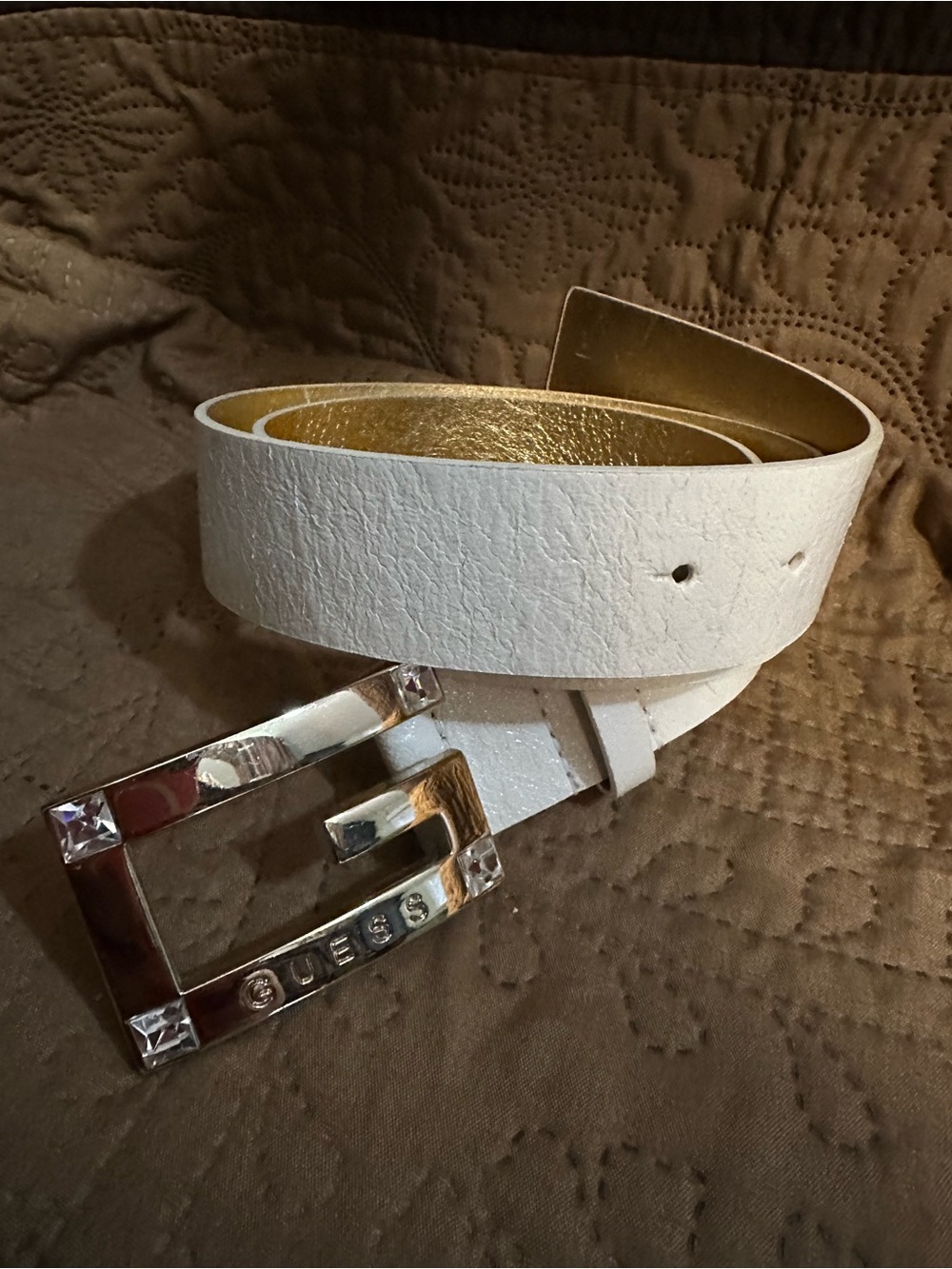Guess White Leather Belt with Gold Interior and Silver Crystal Buckle